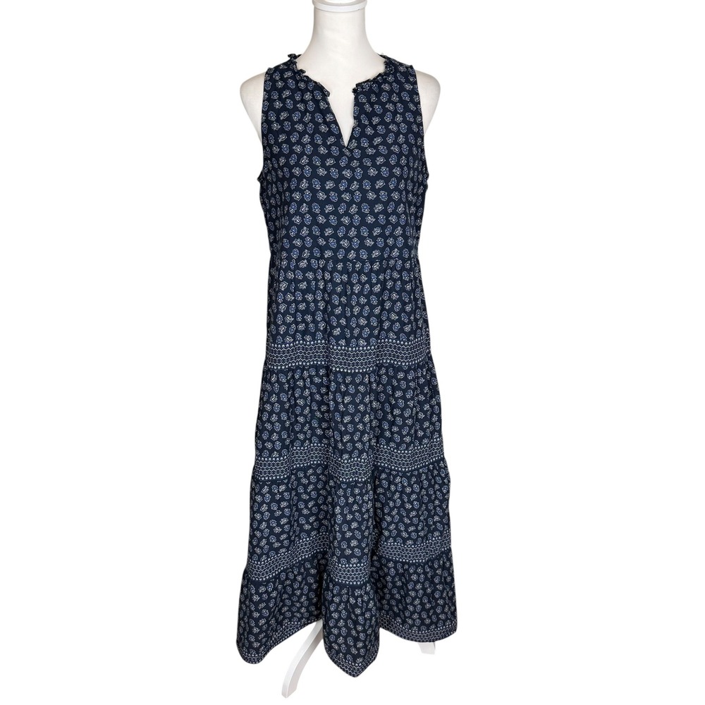 My Danielle Navy Blue Floral Block Print Cotton Tiered Midi Dress Size Small